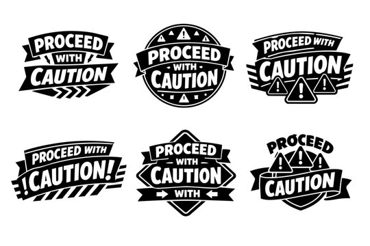 Set of black and white proceed with caution text designs with warning signs, ribbons, and banners for alerts and safety