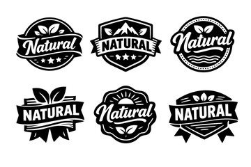 Obraz premium Natural food and organic product badge set featuring eco-friendly leaf, mountain, sun, and wave elements