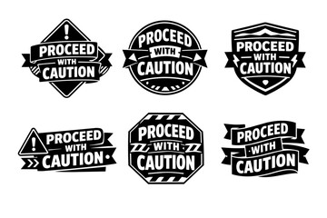 Obraz premium Proceed with caution sticker badges collection. Warning labels with text message and hazard symbols, vector graphic set