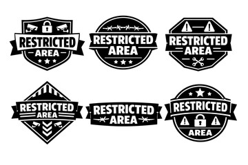 Fototapeta premium Security warning signs and restricted area badges in black and white, featuring locks, cameras, and caution symbols