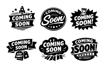 Fototapeta premium Coming soon labels set. Black vector announcement, promotion, and new product launch banners