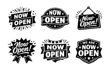 Fototapeta premium Now open marketing signs and labels set, announcing store opening, grand opening, shop welcome tags