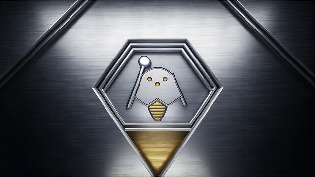 Metallic golden hexagonal badge with penguin icon, steel background, 3D render