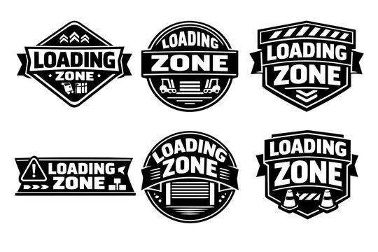 Loading zone badges set with industrial shipping and logistics signs, illustrating transportation and warehouse concepts