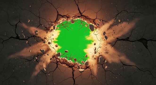 Cracked earth with green explosion background.
