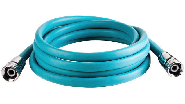 Bright blue durable flexible coiled hose with shiny metal connection fittings