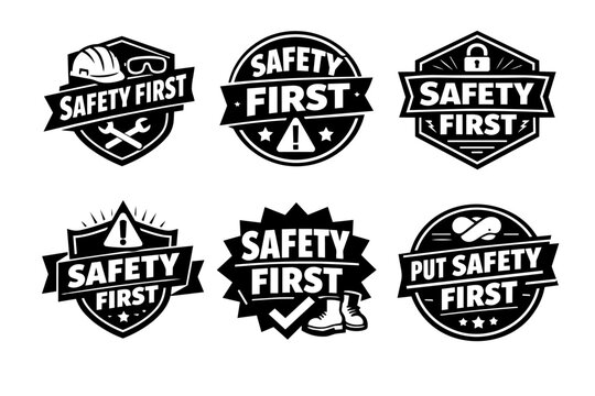 Safety first badges set, illustrating industrial work protection, health, and hazard prevention concepts