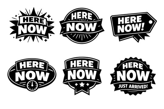 Here now badges and labels collection announcing new item arrival, product launch, special offer, and limited discounts