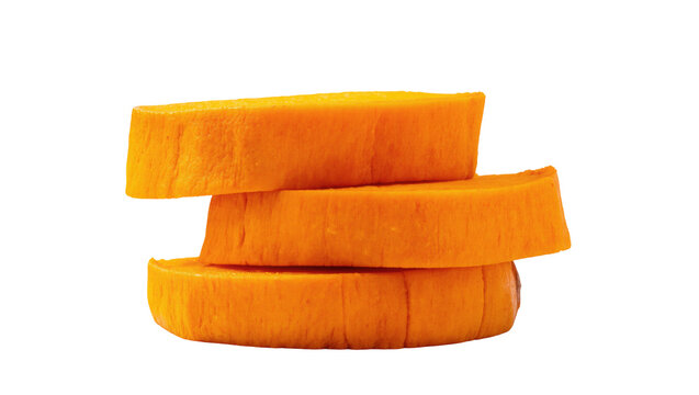 Three vibrantly orange sweet potato slices stacked beautifully, ready for healthy cooking