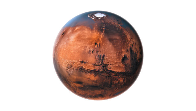 The red planet Mars with its icy polar cap, a detailed view of the celestial body in space
