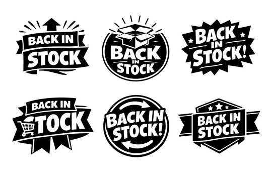 Back in stock label collection in various styles with arrow, shipping box, shopping cart, and refresh icons