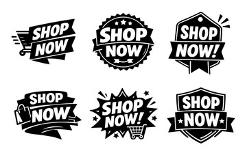 Obraz premium Collection of shop now buttons and badges in diverse styles, perfect for digital marketing and advertising campaigns