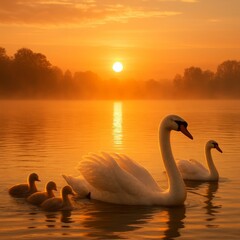 Fototapeta premium A sunrise where a family of swans glides across the lake their f