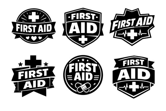 First aid collection featuring vector logos and badges with essential medical symbols, demonstrating health support and emergency readiness