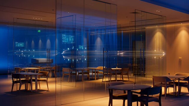 Abstract Light Trails Flowing Through Modern Glass Office Interior With Blue and Orange Lighting