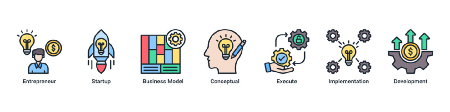 Startup Journey web banner icon illustration with Entrepreneur,Startup,Business Model,Conceptual,Execute,Implementation,and Development