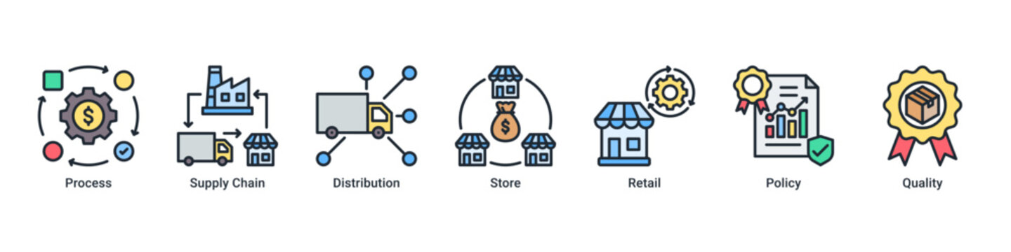 Business Operations web banner icon illustration with Process,Supply Chain,Distribution,Store,Retail,Policy,and Quality