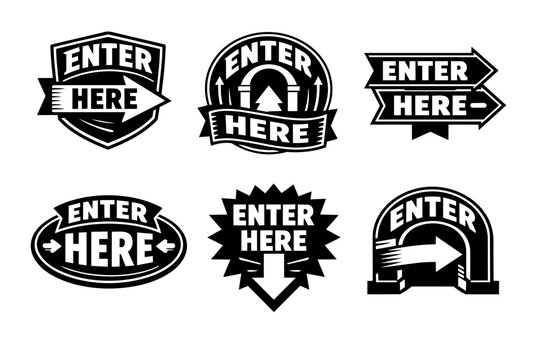 Enter here sign collection with arrows, badges, and labels, providing clear direction for entrance and access points