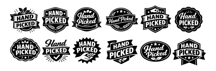 Obraz premium Hand picked badges illustrating quality, freshness, and natural products, ideal for packaging, labels, and marketing