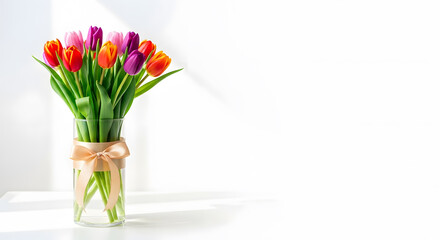 A vibrant bouquet of colorful tulips in a clear glass vase on a white background © MdFarhad