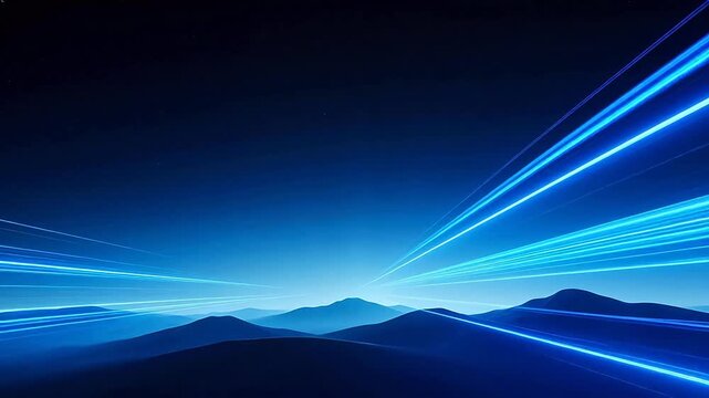Blue neon light streaks over mountain landscape