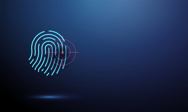 Fingerprint under target symbol. Targeted hacking attempts, personal data search, identity tracking, cybersecurity threats, data breach risk, biometric protection concept.
