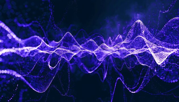 Abstract digital art with wavy purple energy particles and dark background