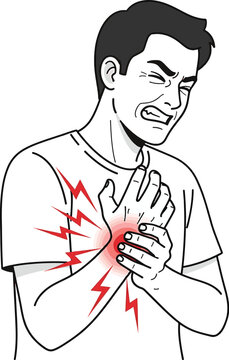 A man clutching his chest in pain with red lightning bolts indicating heartache or heart attack