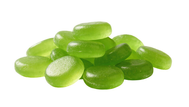 Vibrant green oval-shaped hard candies stacked in a sweet pile, refreshing fruit flavor