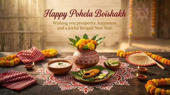 Traditional bengali new year celebration with food and flowers on a decorative table