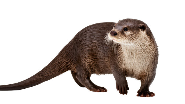 A charming semi-aquatic otter stands with its sleek wet fur, looking with curiosity