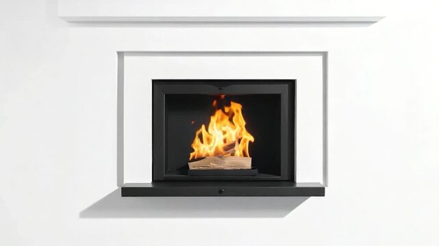A modern fireplace with flames against a stark white wall, featuring a black hearth and shelf
