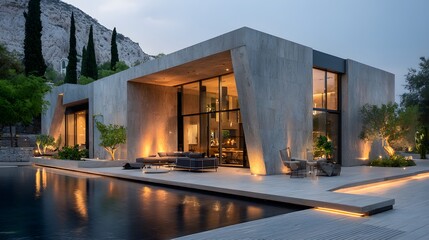 Fototapeta premium minimalist villa facade large glass wall soft lighting calm modern aesthetic