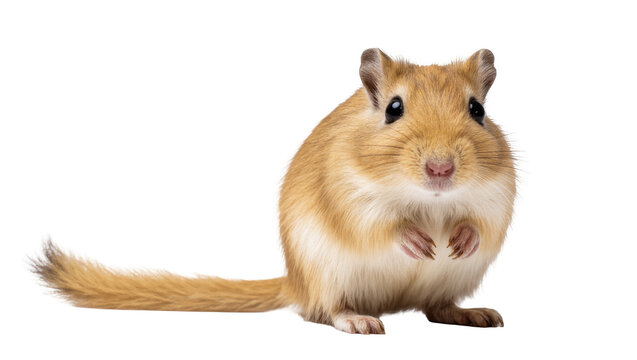 A fluffy and adorable gerbil, a common pet rodent, looking directly into the camera.