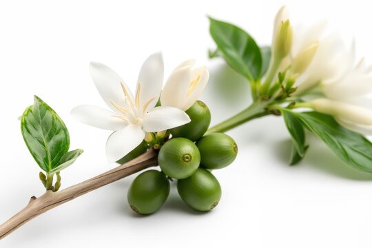 Close up of a coffee plant branch with green cherries and white blossoms on a clean white background