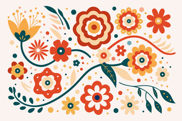 Fototapeta premium Stylized floral arrangement with colorful blossoms and curving stems