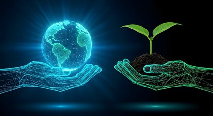 Obraz premium Hands holding earth globe and growing plant, environmental protection and sustainability concept world earth day 8K . AI generated