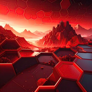 Red hex terrain landscape, mountain peaks under a hazy sky
