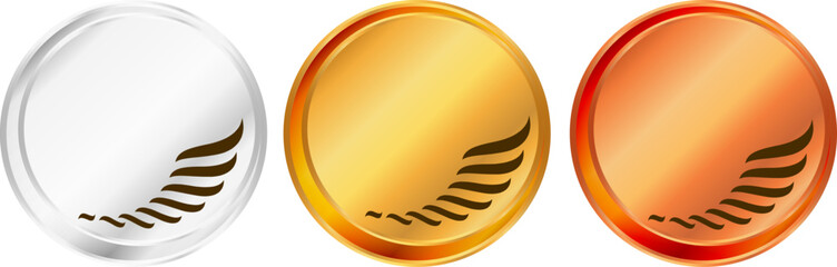 光沢感のある金銀銅のメダルセット。翼のエンブレムが入った円形のランキング・表彰・アワード用ベクターアイコン素材