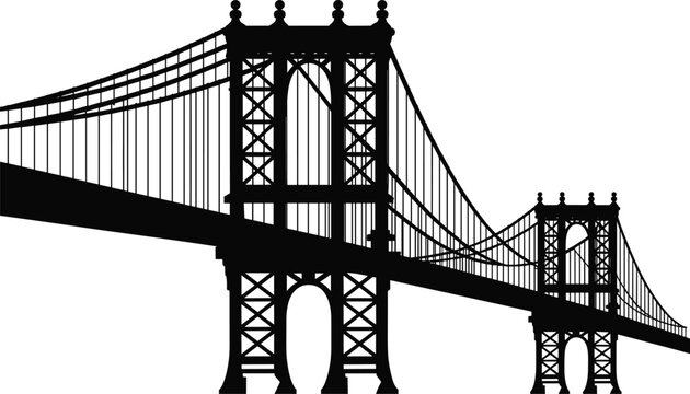 Black Silhouette of Manhattan Bridge in New York City Isolated on White Background Representing Iconic American Civil Engineering Landmark Architecture and Urban Travel Design