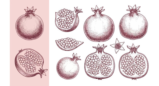Hand Drawn Pomegranate Set Botanical Vintage Engraving Style Illustrations of Whole and Sliced Fruits with Seeds