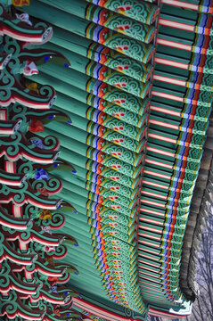 Traditional Korean dancheong patterns on temple eaves