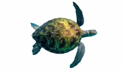 Fotobehang Schildpad Stunning green sea turtle glides gracefully through water, revealing beautiful patterned shell  © Natasha