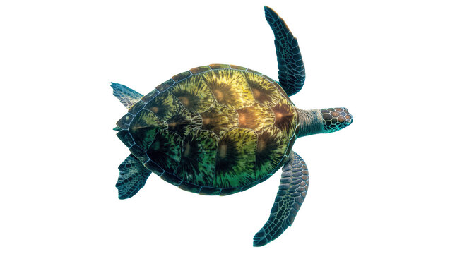 Stunning green sea turtle glides gracefully through water, revealing beautiful patterned shell
