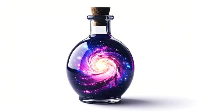 Galaxy in a corked glass bottle on white