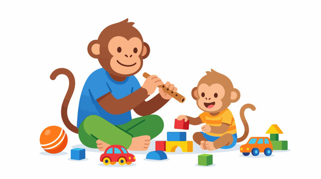 Adorable cartoon monkeys enjoying playtime an older monkey plays a flute while a younger one builds with colorful blocks, representing joyful learning and development