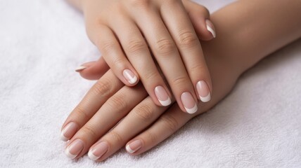 Naklejka premium Elegant Manicure: A close-up view of delicate hands with a classic French manicure, showcasing the epitome of style, grace, and refined beauty.
