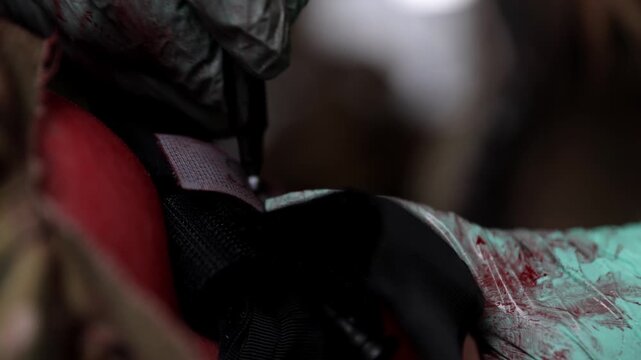 Close-up horizontal shot of a combat medic's bloody gloved hands using a marker to write the application time on a tourniquet's white strap after securing it on a soldier's limb