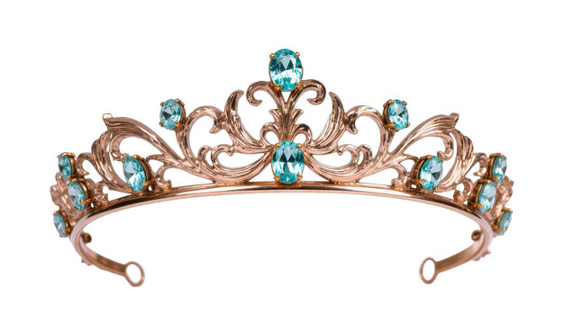 Elegant gold tiara with sparkling blue gemstones, a symbol of royalty and celebration