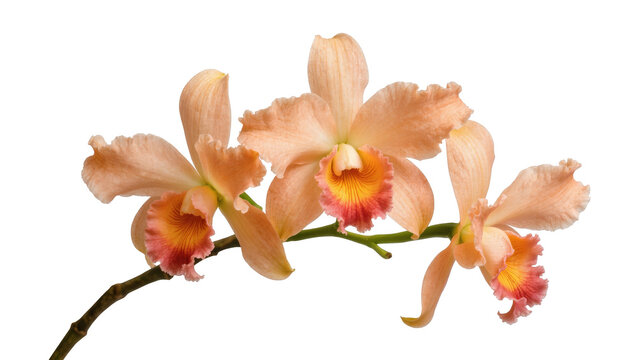 Elegant branch of beautiful peach and orange Cattleya orchids with vibrant centers